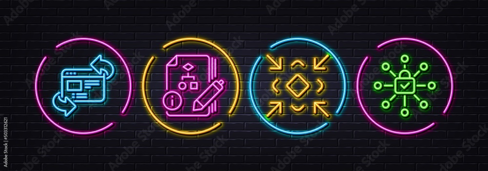 Poster minimize, refresh website and algorithm minimal line icons. neon laser 3d lights. security lock icon