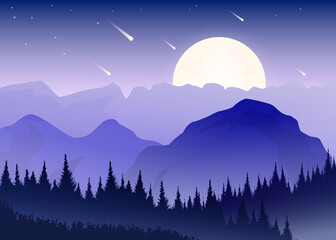 Minimalist landscape. Dark night forest, mountains, moon, shining stars and comets.