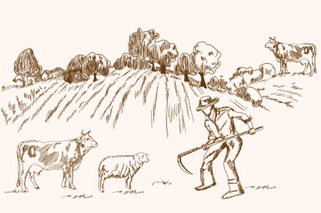 Hand drawing farmer vector. Farmer, cows, sheep and farm. Charcoal drawing vector illustration