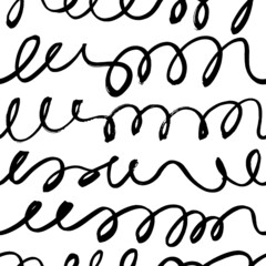 Black doodle lines vector seamless pattern. Hand drawn swirled lines background. Wavy and swirled stripes, brush stroke texture. Black paint freehand scribbles, abstract ink background.