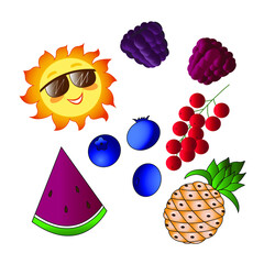 fruits and berries and smiling sun vector illustration