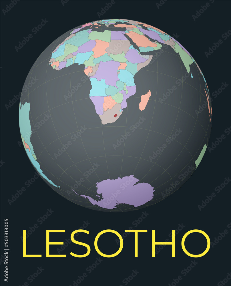 Poster world map centered to lesotho. red country highlighted. satellite world view centered to country wit