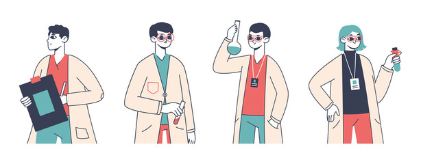 Outline scientist characters, young medical laboratory workers team. Biotechnology researching work group standing with test tubes vector symbols illustration set. Science lab employees
