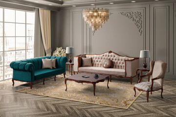 3D rendering of neoclassical living room interior. furniture set