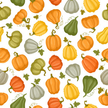 Cartoon halloween pumpkins seamless pattern, autumn harvesting gourds. Halloween or thanksgiving party pumpkins decorations vector background illustration. Orange pumpkins endless design