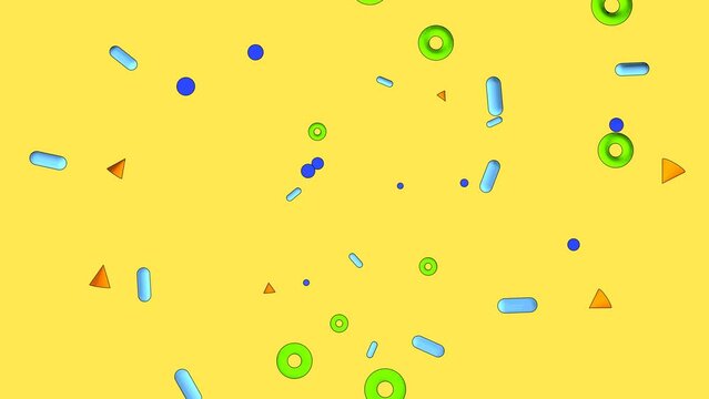 3D animation in the style of the 90s. Bright colorful background, intro. Small multi-colored figures on a yellow background, camera movement.