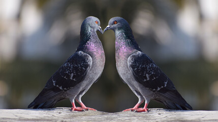 Two pigeon looking at each other while touching their beaks