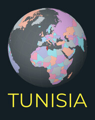 World map centered to Tunisia. Red country highlighted. Satellite world view centered to country with name. Vector Illustration.