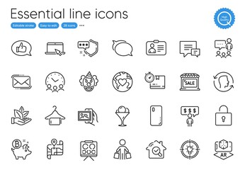 Augmented reality, Id card and Portable computer line icons. Collection of Smartphone cover, Organic product, Talk bubble icons. Feedback, Bitcoin coin, Map web elements. Meeting time. Vector