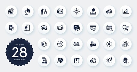 Set of Technology icons, such as Table lamp, Wind energy and Chat messages flat icons. Parking security, Like, Gps web elements. Elastic, Location app, Dating signs. Graph chart. Vector