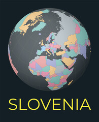 World map centered to Slovenia. Red country highlighted. Satellite world view centered to country with name. Vector Illustration.