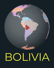 World map centered to Bolivia. Red country highlighted. Satellite world view centered to country with name. Vector Illustration.