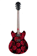 Electric guitar with a pattern of red roses on the body. My own design. Isolated on white.