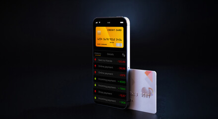 Fototapeta na wymiar Online banking. Mobile phone with internet online bank app. Credit card on black background. Save money business wallet.