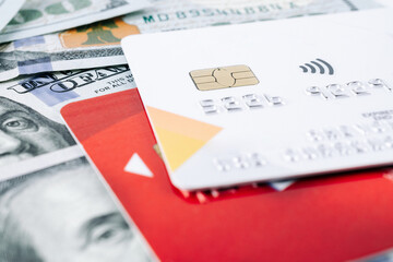 Us dollar bill debit card. American money with credit card. Washington American cash, usd background.