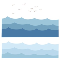 Waves, sea, seagulls. Birds in the distance, blue sea surface in cartoon style. Isolated vector