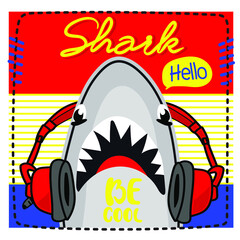 Cute shark with emotions. Vector hand drawn emoji. Listen to music. Funny illustration for messengers, social media, online chats. Summer sea theme Striped background illustration.