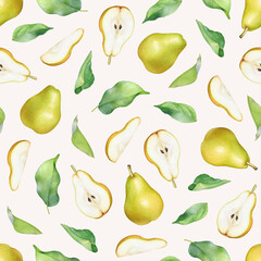 Watercolor seamless pattern with pear fruits and leaves