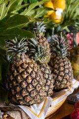 Fresh pineapples for sale in the market. Fresh fruits.