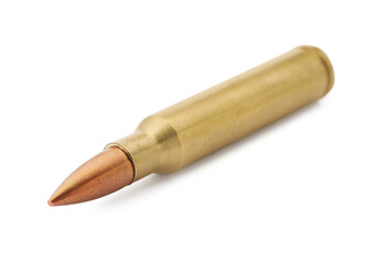 One bullet isolated on white. Military ammunition