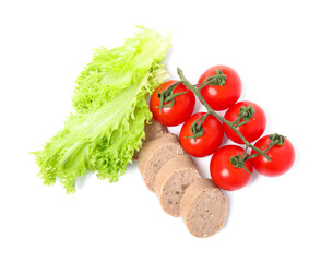 Slices of delicious liver sausage, tomatoes and lettuce on white background, top view