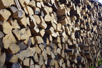 firewood stacked near the wall close-up