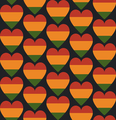 Seamless pattern with hearts in traditional Pan African colors - red, yellow, green, black background. Backdrop for Kwanzaa, Black history month, Black Love Day, Juneteenth greeting card, banner.
