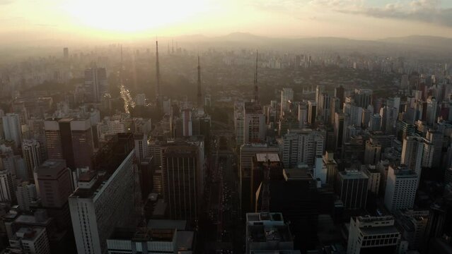 City Buildings Avenue Traffic Rush Hour Sunset São Paulo Avenida Paulista Aerial Drone Shot