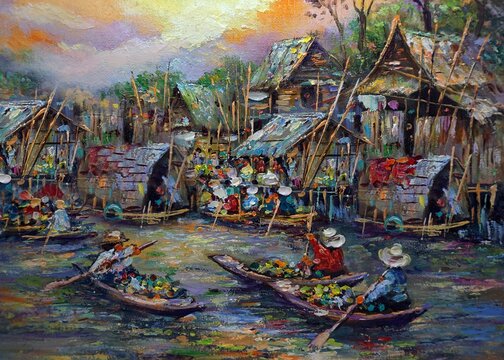Hand drawn Art painting Oil color Floating market , rural life , rural thailand