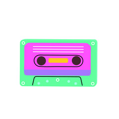 Classic 90s elements in modern style flat, line art style. Vector illustration of cassette. Fashion patch, badge, emblem, logo