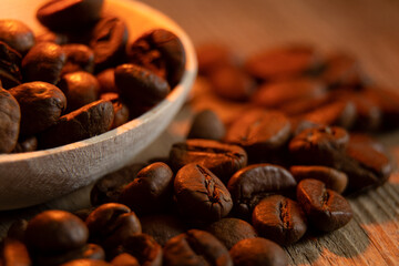 Coffee roasted coffee beans macro photo in the dark ,coffee