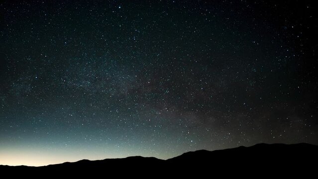 A night sky full of stars and the Milky Way crossing the sky above the horizon of the desert in silhouette - time lapse