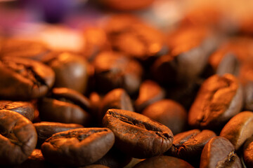 Coffee roasted coffee beans macro photo in the dark ,coffee