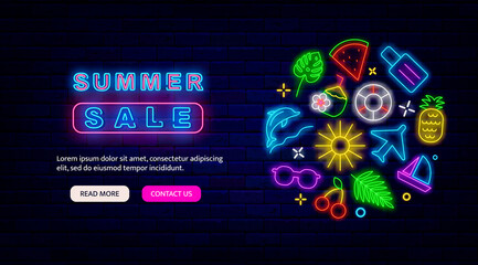 Summer sale neon flyer. Landing page template with season vacation icons. Vector stock illustration