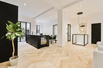 Spacious modern kitchen with wine cabinet
