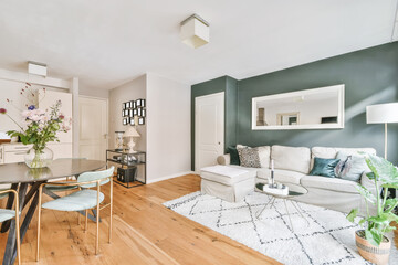 Cozy living room with comfy couch and dining table in daylight