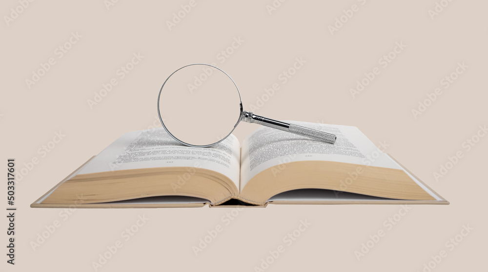 Poster open book with magnifying glass. information search and analysis for research project. data evaluati