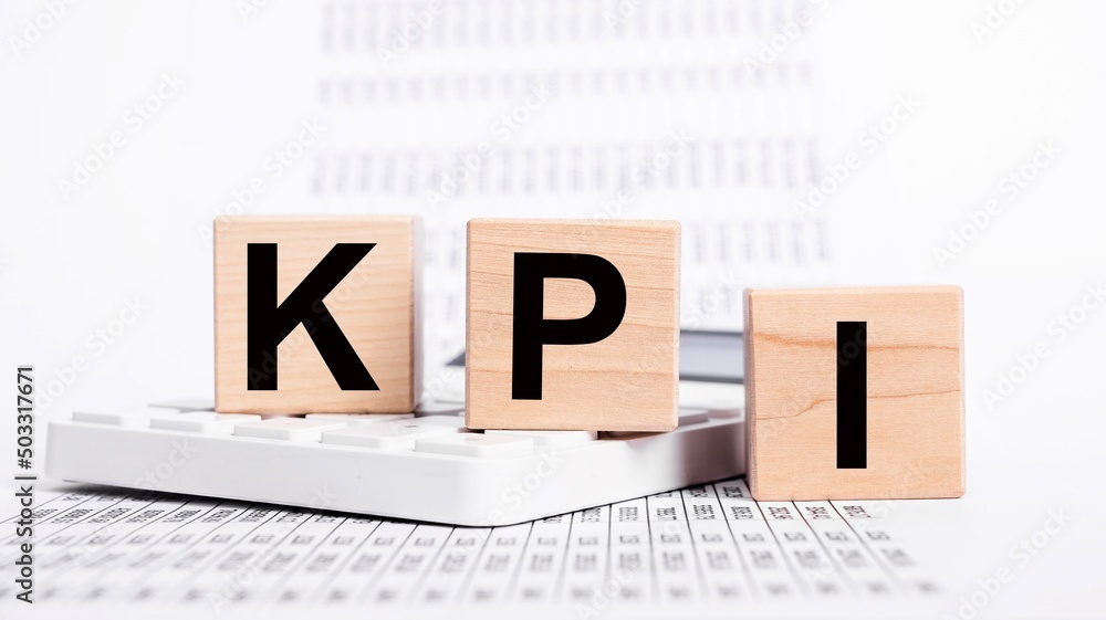 Poster key performance indicators. kpi letters at cubes, calculator and documents with statistics. assessme
