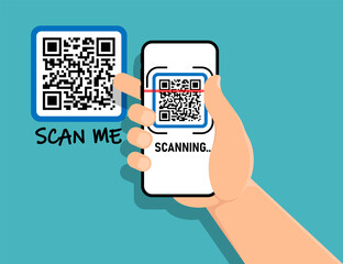 Scan QR code to Mobile Phone. Qr code for payment. Mobile phone scanning QR-code. Verification. Vector illustration.