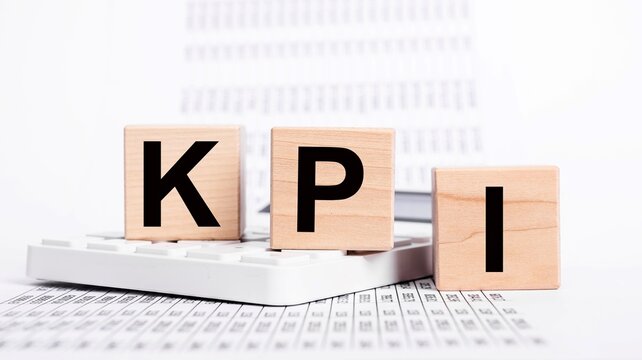 Key performance indicators. KPI letters at cubes, calculator and documents with statistics. Assessment of success at reaching business targets concept. Strategic planning. High quality photo