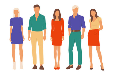  Set of young men and women, different colors, cartoon character, group of silhouettes of standing business people, students, the design concept of flat icon, isolated on white background