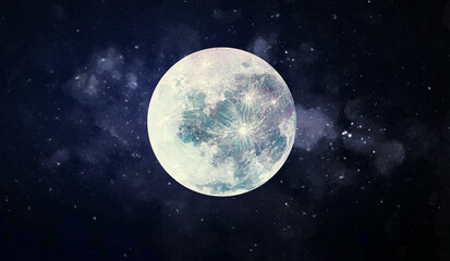 Fototapeta na wymiar Abstract watercolor night sky with full moon illustration