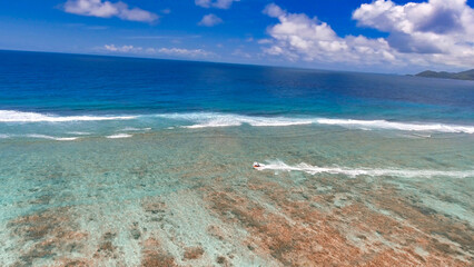 Anse Source Argent, La Digue. Amazing aerial view from drone on a beautiful sunny day