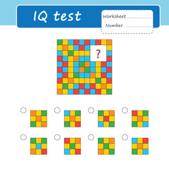 Logical puzzle game. Attention tasks for children. Find the element hidden behind the white square. IQ training test. Worksheet.