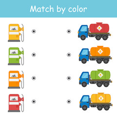 Match by color. Refueling of cars. A game for the development of logic for preschool children. Sheet for printing. Vector illustration