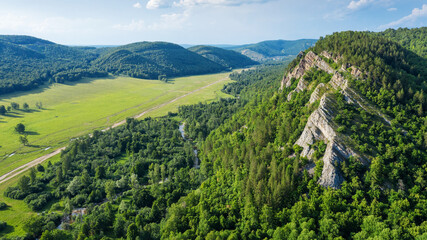 Ural Mountains, Bashkiria, Kyzyltash rocks. Aerial view.