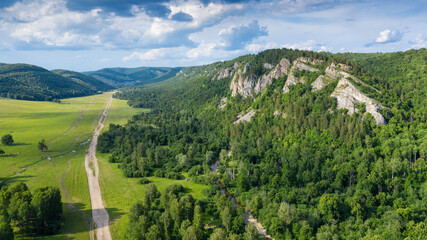 Ural Mountains, Bashkiria, Kyzyltash rocks. Aerial view.