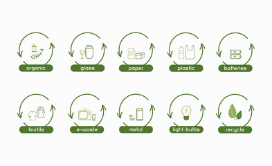 Set of waste sorting vector isolated icons in green color
