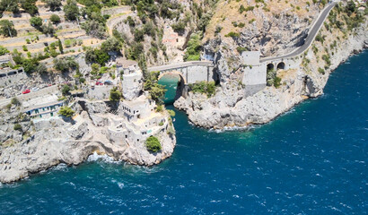 Amazing aerial view of beautiful Amalfi Coast in summer season, Italy. Drone viewpoint