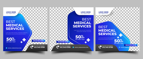 Set of Medical and health care services social media post promotion template.